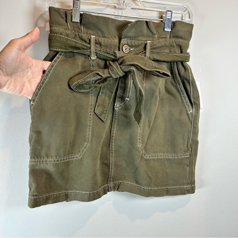 Free People Army Olive Green Paperbag Waist Belt Tie Boho Mini Skirt Pockets - Picture 3 of 11